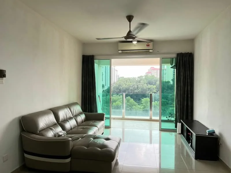 Living features: 3-seater leather sofa in grey, coffee table, TV console, wall-mounted TV, floor-to-ceiling windows, sliding glass door, curtains, ceiling fan, wall-mounted split AC, glossy tile flooring, white painted walls; style: modern; view: garden.