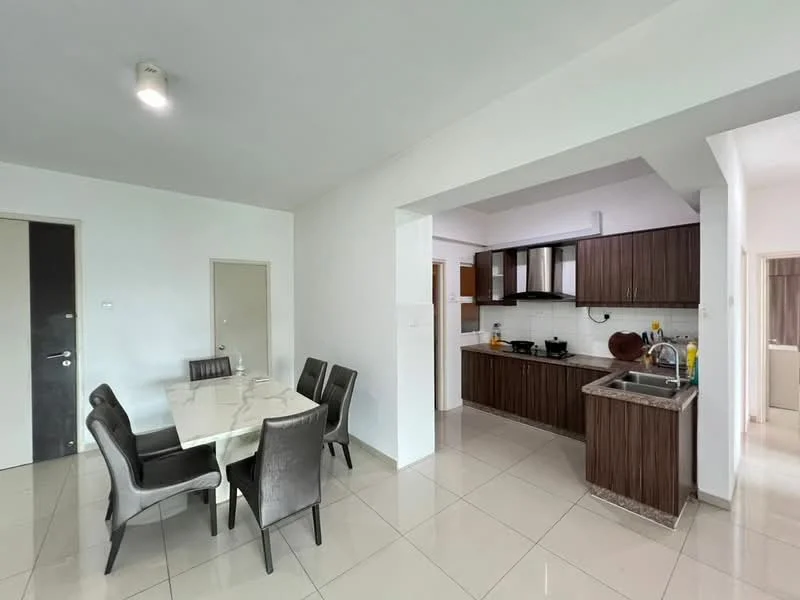 Dining features: 6-seater dining table, upholstered dining chairs, white marble tabletop, grey fabric chairs, tile flooring, recessed downlights, neutral painted walls; style: modern. Kitchen features: brown wooden cabinetry, stainless-steel sink, single-bowl stainless-steel sink, chrome pull-down faucet, black gas stove, white tiled backsplash, granite countertop, tile flooring; style: modern.