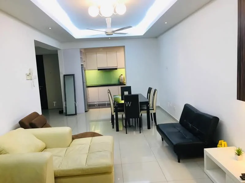 Living features: cream leather sofa, black leather sofa bed, white coffee table, dining table with 4 black chairs, recessed ceiling with LED lighting, ceiling fan, glossy tile flooring, green backsplash in kitchen area, built-in kitchen cabinetry, wall-mounted TV, neutral painted walls; style: modern.