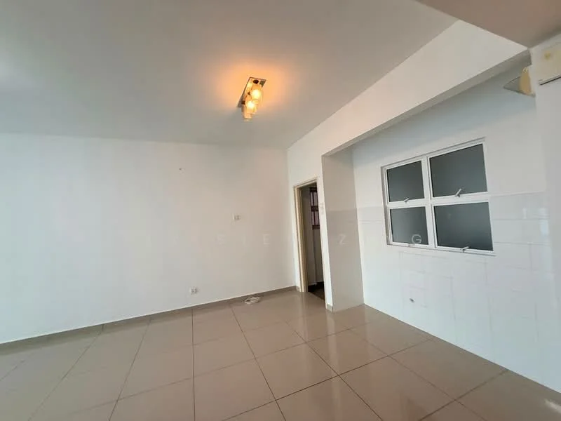 Room features: white painted walls, glossy ceramic tile flooring, recessed ceiling lights, window with glass panes, white tiled backsplash, doorway leading to another room; style: modern.