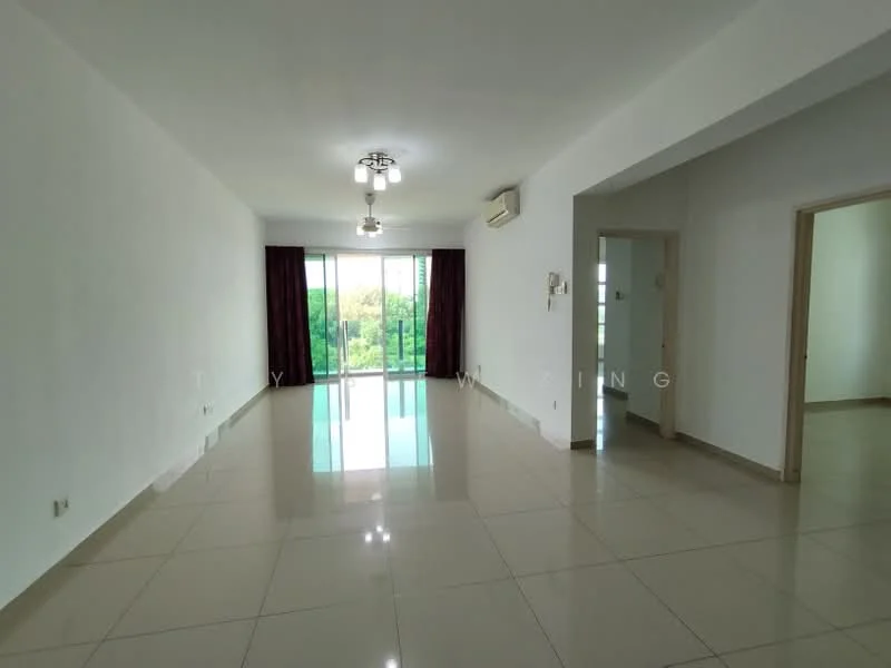 Living features: white painted walls, glossy tile flooring, 5-blade ceiling fan with light, floor-to-ceiling windows, sliding glass door, dark red curtains, air conditioning unit, natural light from windows; style: modern; view: garden.