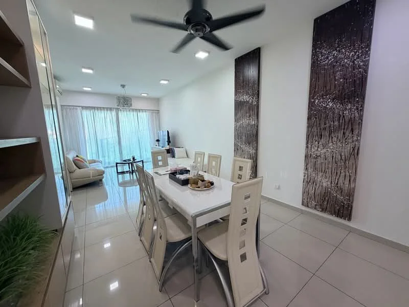 Dining features: white dining table, 8 upholstered dining chairs, 5-blade ceiling fan with light, recessed LED downlights, large glass sliding door, curtains, decorative wall art, cream tiled flooring; style: modern; view: garden. Living features: beige fabric sofa, TV console, wall-mounted TV, decorative wall art, cream tiled flooring; style: modern; view: garden.