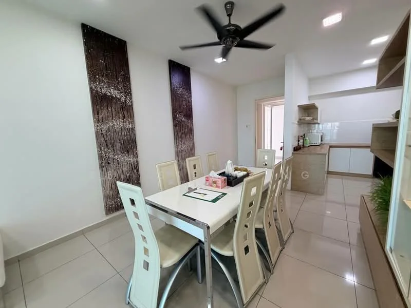 Dining features: 6-seater dining table, white dining chairs, ceiling fan with light, white walls, glossy tile flooring, decorative wall panels, open kitchen layout, natural light from adjacent room; style: modern.