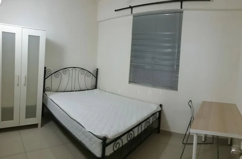 Bedroom features: metal bed frame with headboard, mattress without bedding, white wardrobe with sliding doors, study desk, tile flooring, white painted walls, window with blinds, curtain rod.