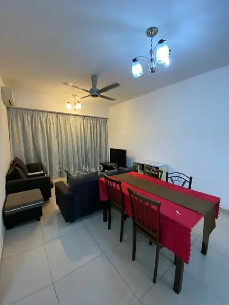 Living features: 3-seater fabric sofa in dark grey, 2-seater fabric sofa in dark grey, coffee table, TV console, wall-mounted TV, area rug, 5-blade ceiling fan with light, recessed downlights, curtains, dining table with 6 chairs, white painted walls, glossy tile flooring, windows with sheer curtains; style: modern.