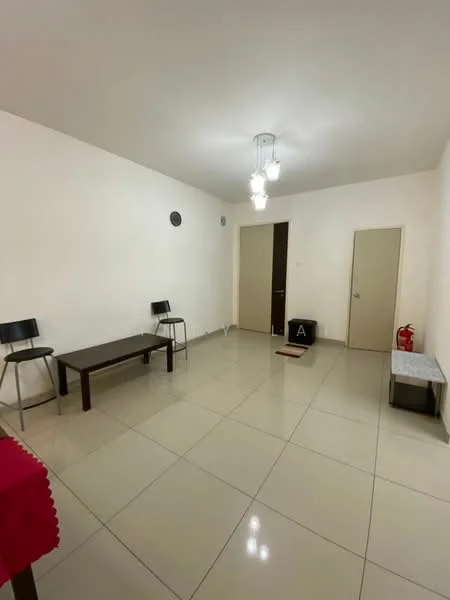 Living features: white painted walls, glossy ceramic tile flooring, recessed downlights, chandelier, wooden coffee table, 2 black metal chairs, single wooden bench, fire extinguisher, closed door, open door, wall clock; style: modern.