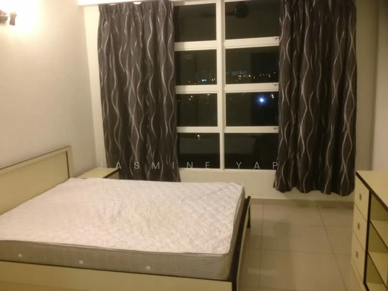 Bedroom features: queen-size bed without bedding, light-colored wooden bed frame, 2-drawer bedside table, 3-drawer chest of drawers, floor-to-ceiling windows, grey patterned curtains, white painted walls, glossy tile flooring, recessed ceiling lights; style: modern; view: city.