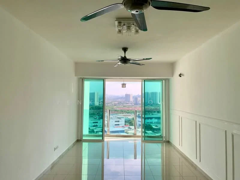 Living features: white painted walls, glossy tile flooring, 5-blade ceiling fan with light, floor-to-ceiling windows, sliding glass door, city view, recessed downlights, decorative pendant light; style: modern; view: city.