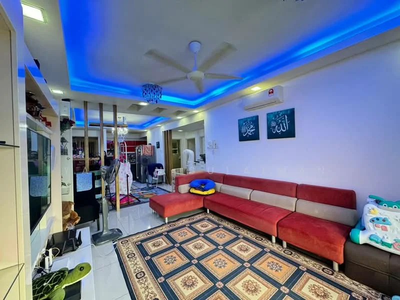 Living features: red and beige sectional sofa, area rug with geometric pattern, wall-mounted TV, entertainment unit, ceiling fan with light, recessed LED downlights, blue LED strip lighting, decorative wall art, white painted walls, glossy tile flooring; style: modern.