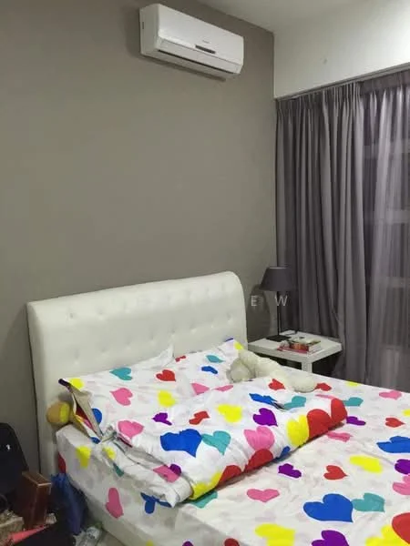 Bedroom features: king-size bed with white upholstered headboard, colorful heart-patterned bedding, nightstand with lamp, grey curtains, wall-mounted split AC unit, decorative stuffed toys, light-colored wall, dark-colored accent wall; style: modern.