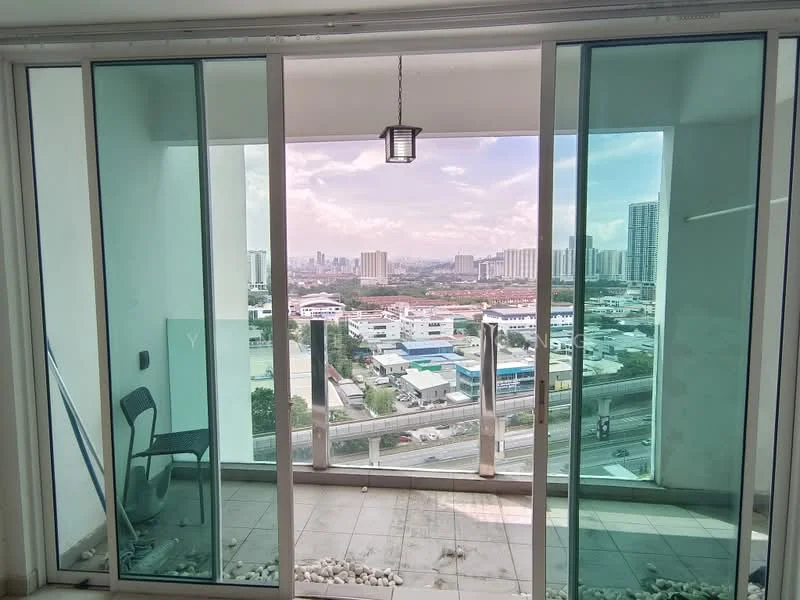Room features: floor-to-ceiling glass doors, sliding glass door, white walls, grey tiled flooring, hanging light fixture, view of city skyline, outdoor balcony space, pebbled flooring, metal chair; style: modern; view: city.