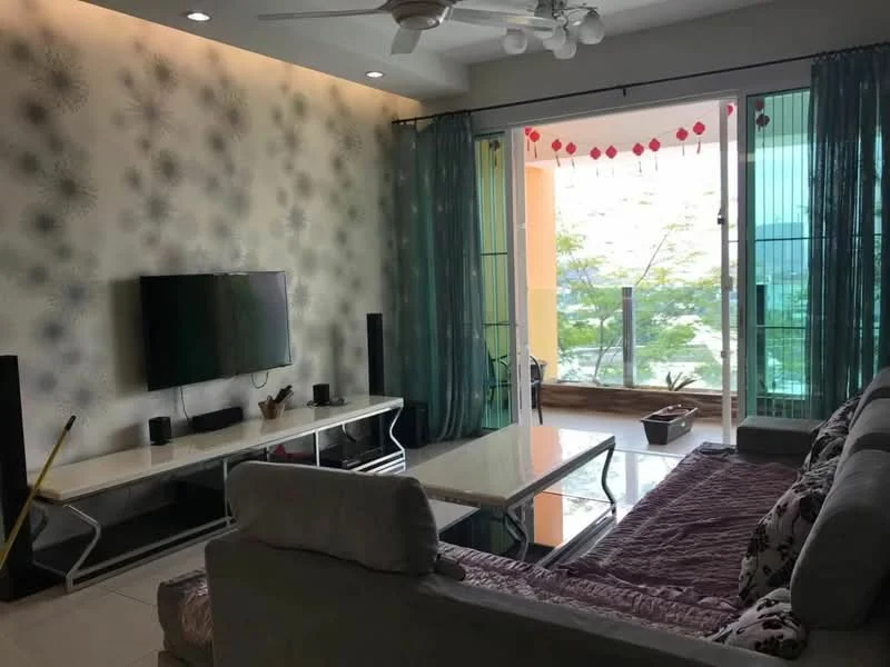 Living features: sofa with decorative cushions, coffee table, wall-mounted TV, TV console, floor-to-ceiling windows, sliding glass door, sheer curtains, decorative wall with floral pattern, ceiling fan with light, marble flooring, potted plants on balcony; style: modern; view: garden.