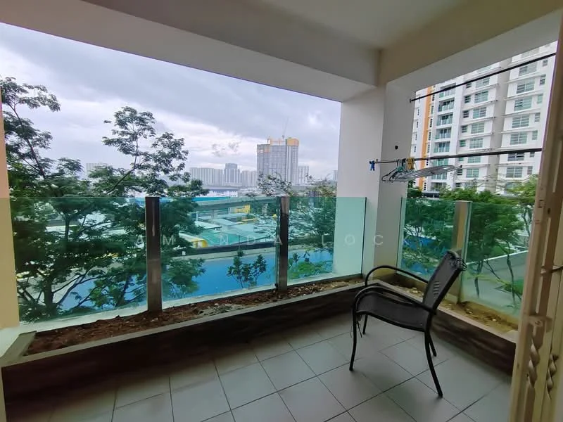 Room features: glass railing, tiled flooring, outdoor chair, clothes drying rack, city view, potted plants, overcast sky; style: modern; view: city.