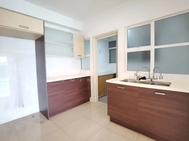 Kitchen features: laminate cabinetry in dark wood, white countertop, double-bowl stainless-steel sink, chrome pull-down faucet, ceramic tile flooring, white tiled backsplash, glass upper cabinets, built-in appliances, window with frosted glass, open layout to adjacent room; style: modern.