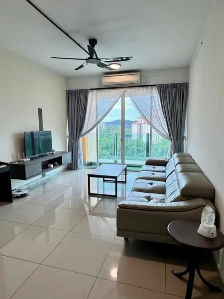 Living features: 3-seater leather sofa in light grey, coffee table, wall-mounted TV, TV console, floor-to-ceiling windows, sheer curtains, sliding glass door, 5-blade ceiling fan with light, recessed downlights, polished ceramic tile flooring, decorative wall panel, air conditioning unit; style: modern; view: city.