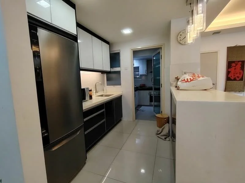 Kitchen features: black and white cabinetry, stainless-steel fridge, single-bowl stainless-steel sink, chrome pull-down faucet, white quartz countertop, ceramic tile flooring, recessed downlights, built-in oven, microwave, open shelving, kitchen island, wall-mounted clock; style: modern.