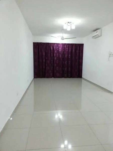 Living features: white painted walls, glossy ceramic tile flooring, 5-blade ceiling fan with light, purple curtains, wall-mounted air conditioning unit.