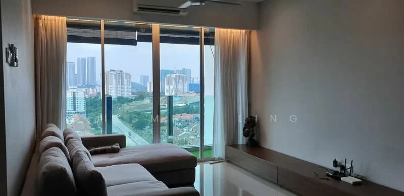 Living features: L-shape sectional sofa in beige, floor-to-ceiling windows, city view, white painted walls, polished tile flooring, recessed downlights, wooden TV console, decorative sculpture, sheer curtains, ceiling fan; style: modern; view: city.