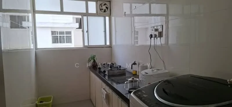 Kitchen features: white tiled walls, black countertop, stainless-steel gas hob, stainless-steel range hood, built-in washing machine, single-bowl stainless-steel sink, white cabinetry, window with view to exterior, ceiling fan; style: modern.