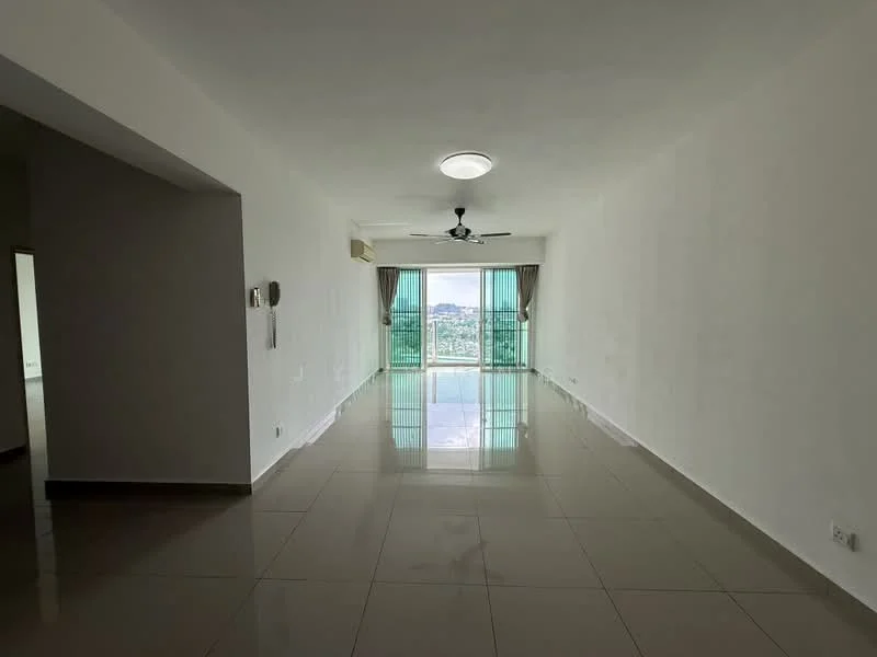 Living features: white painted walls, polished ceramic tile flooring, 5-blade ceiling fan with light, floor-to-ceiling windows, curtains, city view, air conditioning unit; style: modern; view: city.
