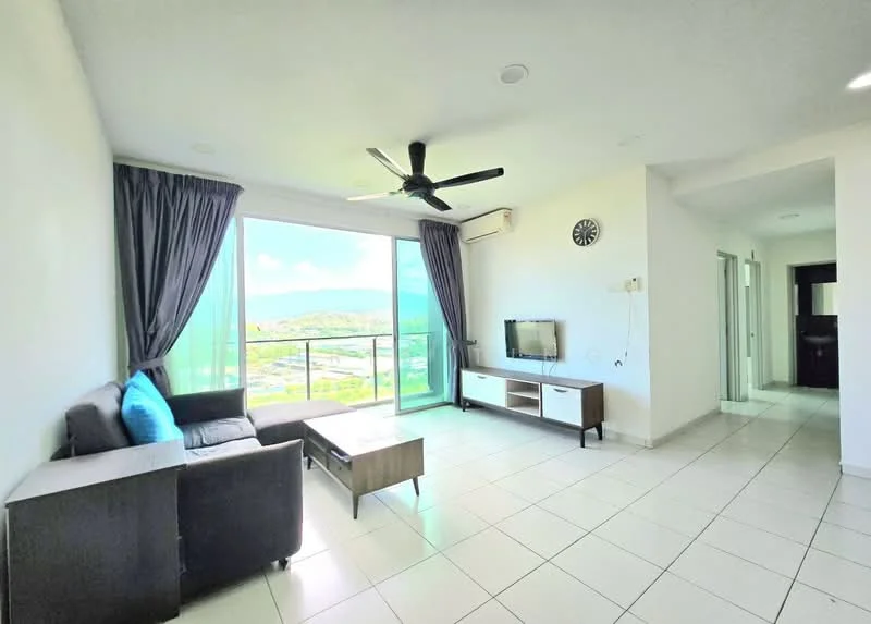 Living features: 3-seater fabric sofa in grey, coffee table, wall-mounted TV, TV console, floor-to-ceiling windows, curtains, ceiling fan, white painted walls, tile flooring, mountain view; style: modern; view: mountain.