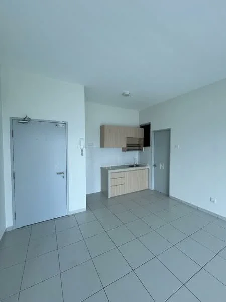 Kitchen features: light wood cabinetry, stainless-steel sink, built-in oven, ceramic tile flooring, white tiled backsplash, countertop with space for appliances, single-bowl sink, kitchenette layout; style: modern. Room features: white painted walls, large windows, neutral color scheme.
