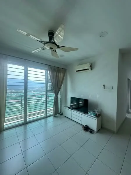 Living features: white painted walls, ceramic tile flooring, 5-blade ceiling fan with light, wall-mounted split AC, floor-to-ceiling windows, sheer curtains, TV console, wall-mounted TV, sliding glass door, balcony view; style: modern; view: mountain.