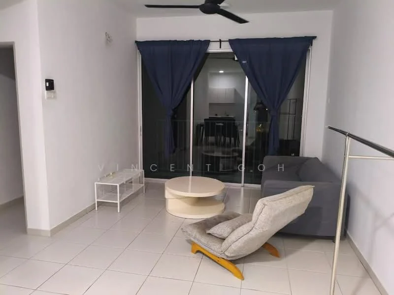 Living features: grey fabric sofa, round coffee table, white side table, floor-to-ceiling sliding glass door, blue curtains, ceiling fan, white tiled flooring, neutral painted walls; style: modern.