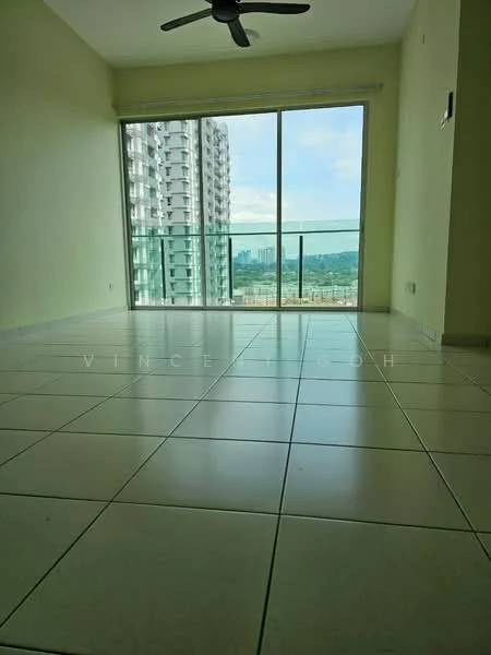 Living features: large floor-to-ceiling windows, sliding glass door, white painted walls, tile flooring, 5-blade ceiling fan, balcony access, city view, neutral color scheme; style: modern; view: city.
