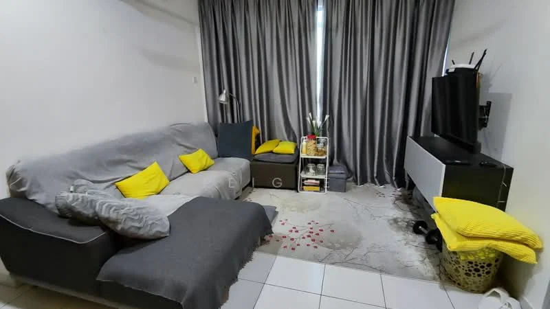 Living features: 3-seater fabric sofa in grey, yellow accent cushions, area rug with floral pattern, TV console in white, wall-mounted TV, floor lamp, curtains in grey, storage basket, decorative flowers in vase, coffee table, throw blanket in yellow; style: modern.