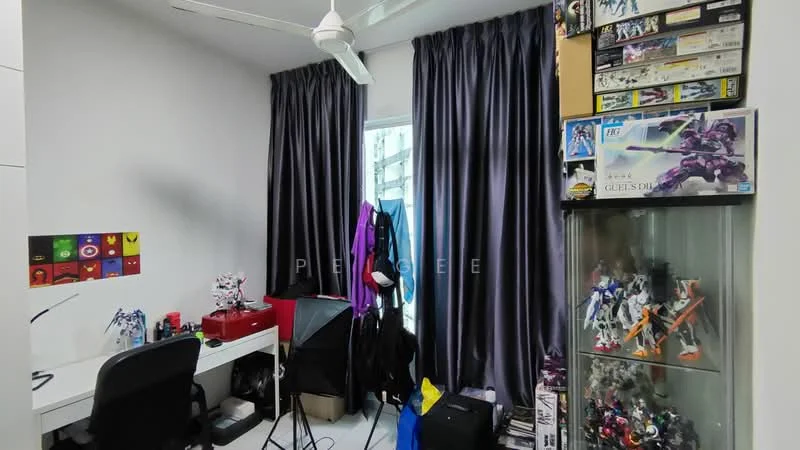 Room features: white walls, grey curtains, ceiling fan, desk with chair, display cabinet, various model kits, black backdrop stand, clothing rack, flooring not visible; style: modern.