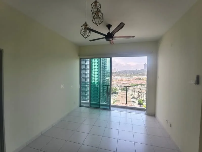 Living features: floor-to-ceiling windows, sliding glass door, white painted walls, tile flooring, 5-blade ceiling fan with light, hanging pendant lights, balcony view, city skyline view; style: modern; view: city.