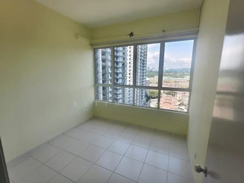 Room features: light green painted walls, white tiled flooring, large floor-to-ceiling window, city view, single window treatment, neutral ceiling, no visible furniture, corner room; style: modern; view: city.