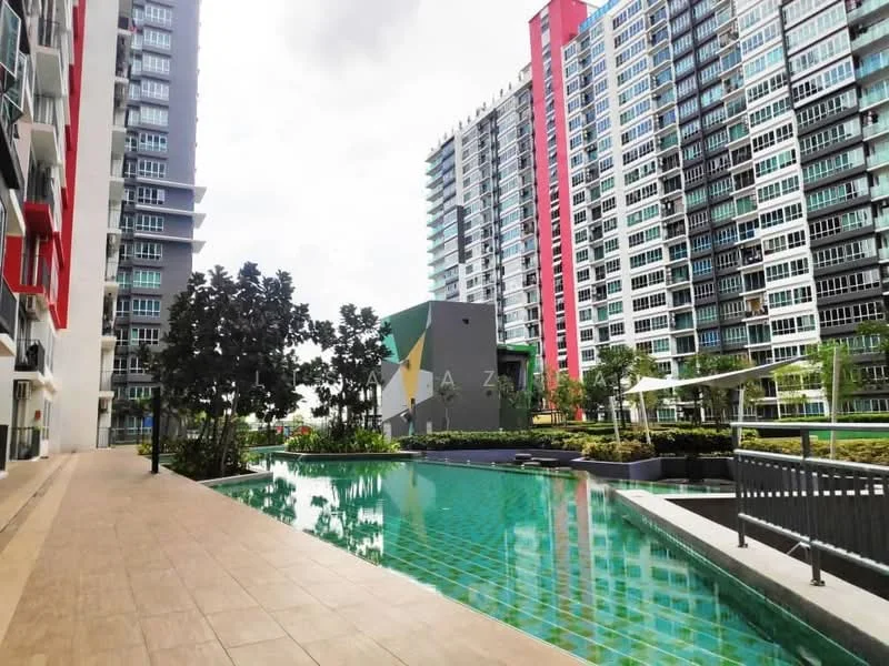 Exterior type: high-rise condominium; features: swimming pool, pool deck with loungers, landscaped garden, manicured lawn, modern facade with glass and concrete, multiple high-rise buildings, outdoor seating area, tropical landscaping; style: modern.