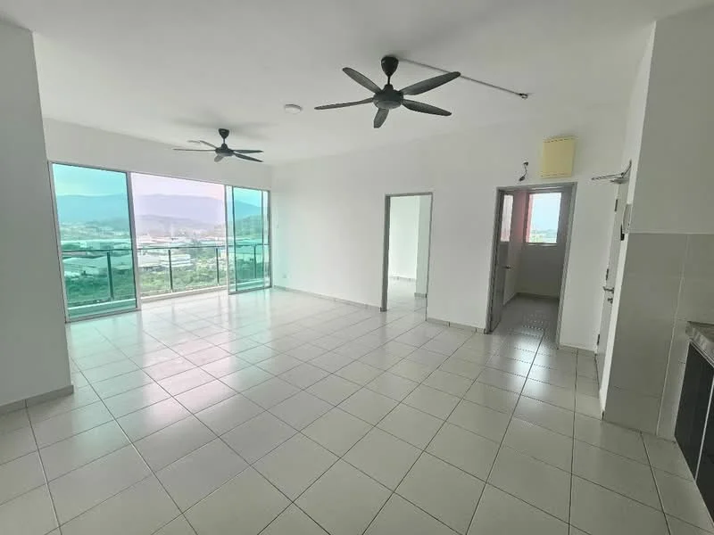 Living features: large floor-to-ceiling windows, two ceiling fans, white painted walls, tile flooring, open layout, mountain view, sliding glass door, neutral color palette; style: modern; view: mountain. Room features: white painted walls, tile flooring, doorway leading to another room.