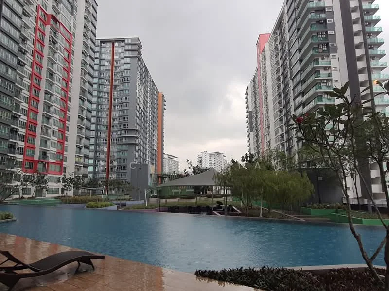 Exterior type: high-rise condominium; features: infinity pool, pool deck with loungers, landscaped garden, surrounded by high-rise buildings, water feature, manicured greenery, covered pavilion, modern architecture; style: contemporary.
