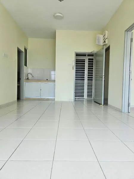 Room features: white painted walls, tile flooring, kitchenette with sink, wall-mounted split AC, door to outside, sliding glass door, light fixture on ceiling.