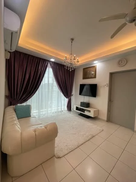 Living features: cream leather 3-seater sofa, white area rug, flat-screen TV on white console, chandelier with multiple bulbs, recessed ceiling lights, purple curtains, floor-to-ceiling windows, white tiled flooring, wall clock, air conditioning unit, decorative wall art; style: modern; view: city.