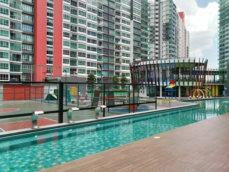 Exterior type: high-rise condominium; features: infinity pool, pool deck with loungers, children's playground, basketball court, multi-storey residential building, manicured landscaping, colorful play structures, outdoor fitness area; style: modern.