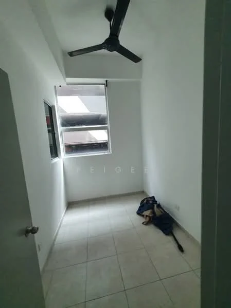 Room features: white painted walls, tile flooring, 5-blade ceiling fan, window with view, natural light, empty space, no visible furniture, clean and minimalistic design; style: minimalist.