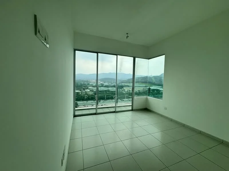 Room features: large floor-to-ceiling windows, white painted walls, grey tile flooring, mountain view, natural light, open layout, no visible furniture, minimalist design; style: modern; view: mountain.