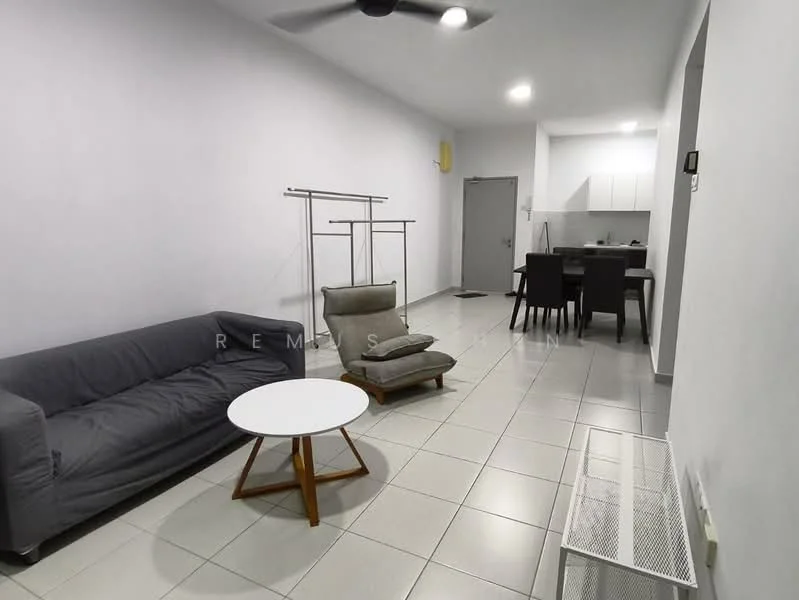 Living features: grey fabric sofa, white round coffee table, single armchair, ceiling fan, white painted walls, tile flooring, dining table with chairs, open layout to kitchen, doorway to hallway; style: modern.