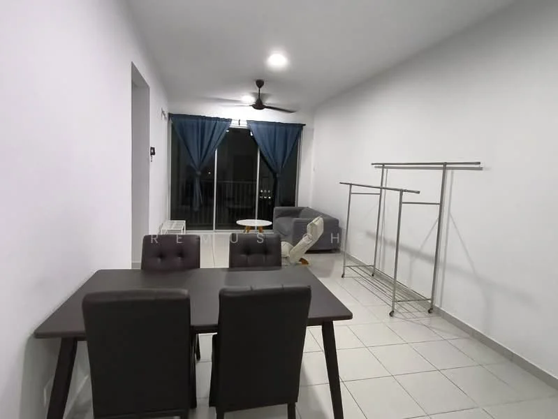 Living features: white painted walls, tile flooring, 5-blade ceiling fan, floor-to-ceiling windows, blue curtains, grey fabric sofa, dining table with 4 chairs, clothes rack, side table; style: modern.