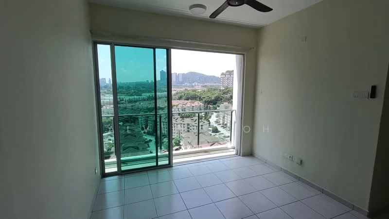 Room features: floor-to-ceiling windows, sliding glass door, white painted walls, ceiling fan, tile flooring, balcony with city view; style: modern; view: city.