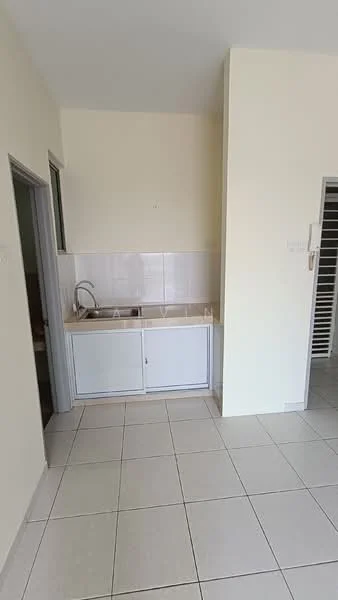 Kitchen features: single-bowl stainless-steel sink, chrome pull-down faucet, laminate countertop, white cabinetry, white tiled backsplash, ceramic tile flooring, neutral painted walls, recessed lighting; style: modern.