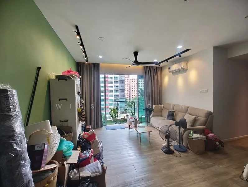Living features: green accent wall, light grey painted walls, laminate flooring, 5-blade ceiling fan, sofa in beige, coffee table, floor-to-ceiling windows, curtains, potted plants, wall-mounted air conditioning unit, decorative items, storage cabinet, boxes and bags; style: modern; view: city.