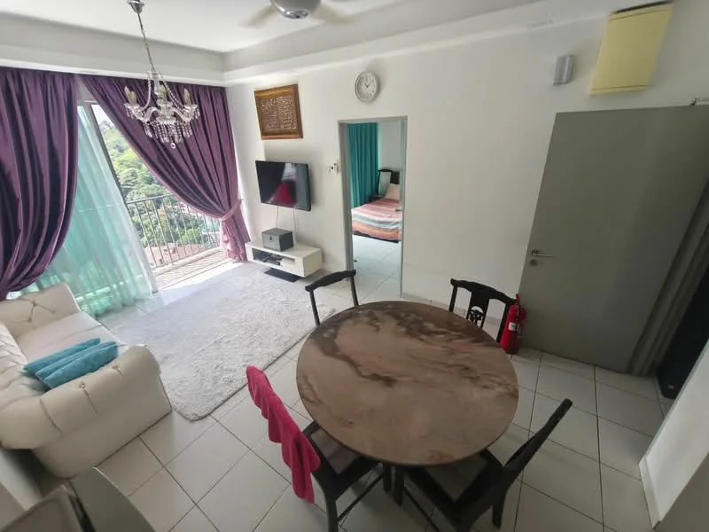 Living features: white leather sofa, round dining table with marble top, 4 dining chairs, chandelier, floor-to-ceiling windows, sheer curtains, grey area rug, wall-mounted TV, decorative wall clock, light green curtains, tile flooring, air conditioning unit; style: modern; view: garden.