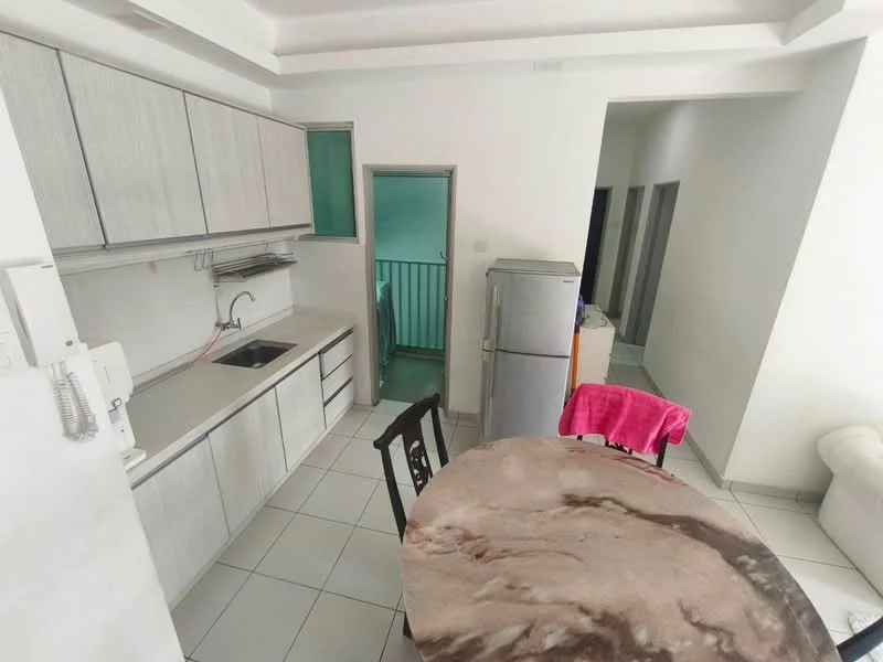 Kitchen features: white cabinetry, marble countertop, single-bowl stainless-steel sink, chrome pull-down faucet, built-in oven, freestanding fridge, tile flooring, wall-mounted intercom, dining table with marble top, black dining chairs; style: modern. Room features: white walls, tile flooring, doorway leading to staircase.