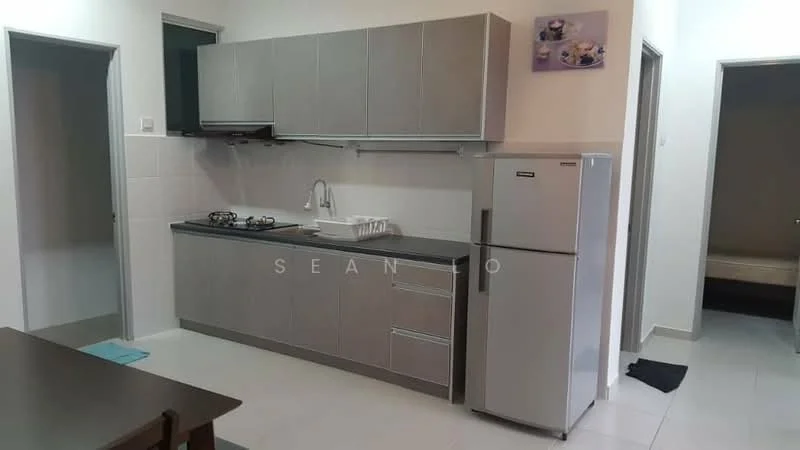 Kitchen features: grey flat-panel cabinets, white tiled backsplash, black countertop, stainless-steel single-bowl sink, chrome pull-down faucet, 4-burner gas hob, built-in range hood, stainless-steel fridge, white walls, tile flooring, recessed downlights; style: modern. Room features: white walls, tile flooring.