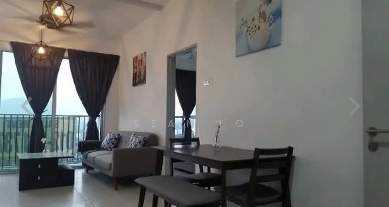 Living features: grey fabric sofa, 2 decorative cushions, wooden coffee table, 4-seater dining table, black dining chairs, floor-to-ceiling windows, sheer curtains, chandelier with geometric design, wall-mounted artwork, light-colored walls, tile flooring; style: modern; view: mountain.